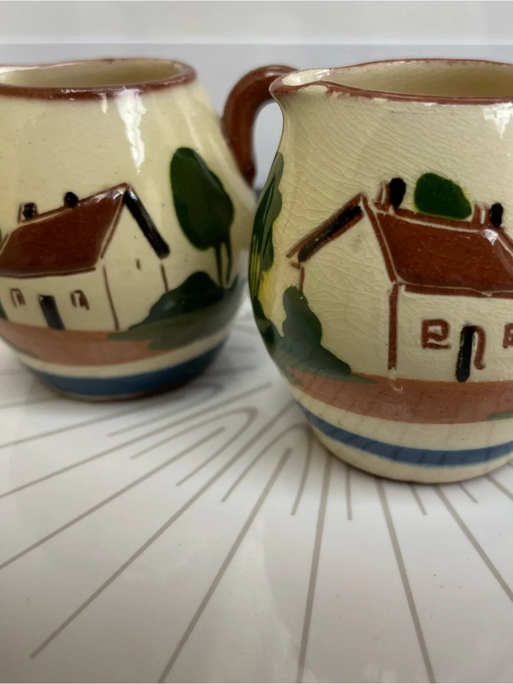 Torquay Watcombe Motto Ware Made in England Set of Two Small Pitchers